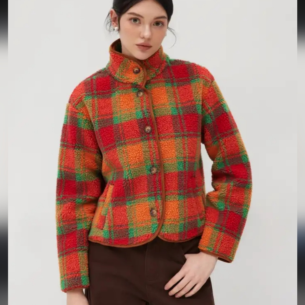 Cider Multicolor Plaid Teddy Jacket
